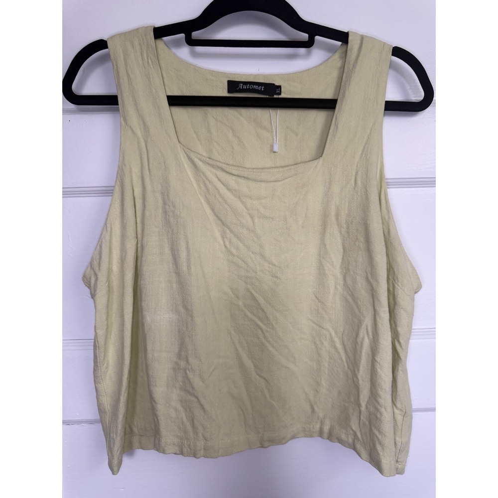 Automet Womens XL Linen Blend Square Neck Crop Tank Top Lime Green EZau100
